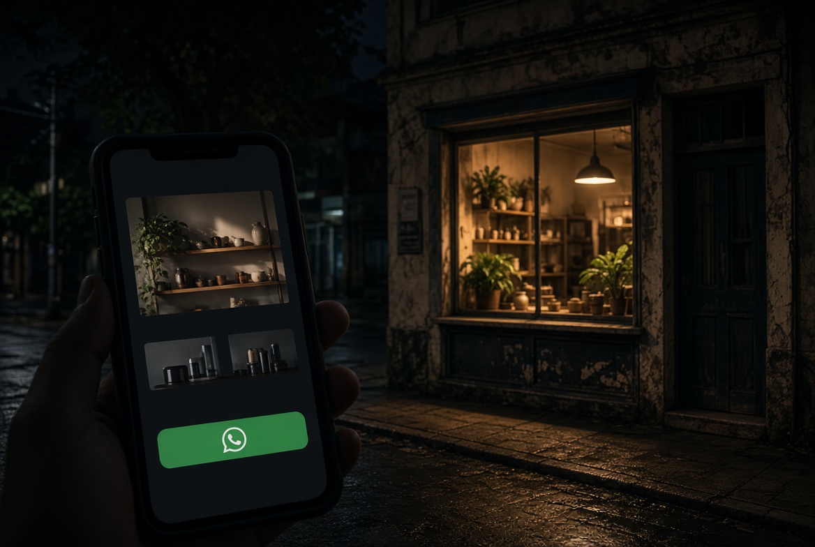 Loja à noite e site no celular